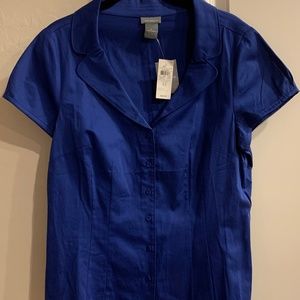 NWT ANN TAYLOR SZ 12 Royal Blue Short Sleeve Button Down Top w Collar & Cap Slv